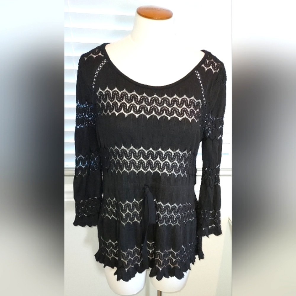 Free People Black Boho 3/4 Sleeve Pheasant Top Pre-owned